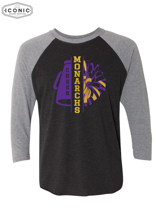 Monarch Cheer Pom (Glitter Ink) - Unisex Triblend Three-Quarter Sleeve Raglan